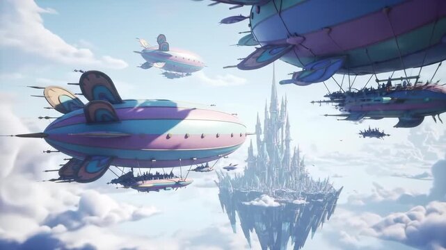 Whimsical airships float above an intricate, dreamlike cityscape of spired towers and floating islands, creating a vibrant and fantastical scene in the bright blue sky with fluffy clouds.