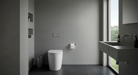 Modern Minimalist Bathroom Interior. Sleek Gray Design with White Toilet, Concrete Sink, and Large Window.