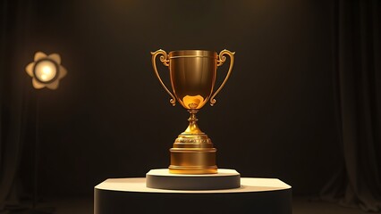 Golden trophy displayed elegantly on a pedestal against a dark backdrop.