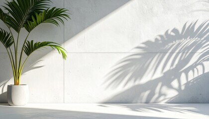 Sunlight and palm leaf shadows on a minimalist white wall with a potted plant, modern interior decor