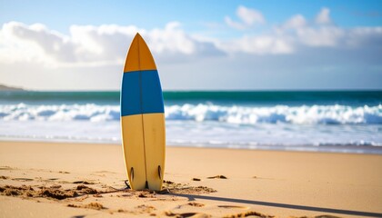 Surfboard on a sunny sandy beach with ocean waves and blue sky, representing summer, leisure, and watersports.