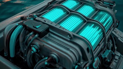 Advanced futuristic engine with glowing cyan energy cells powering a high speed watercraft navigating through choppy waters, showcasing a powerful and sustainable energy source technology