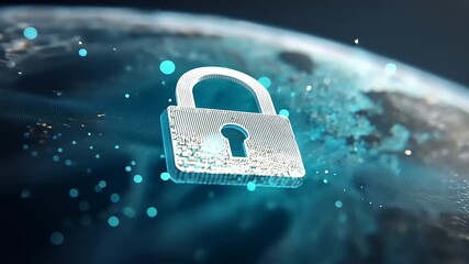 Digital lock symbolizing cybersecurity protection over a global network with data streams - Powered by Adobe
