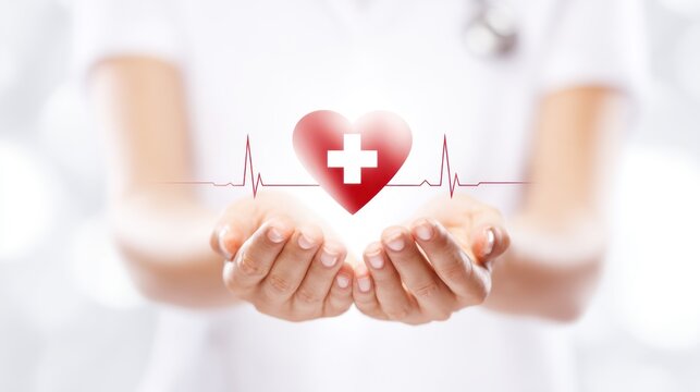 Woman doctor holding a red heart in her hands, symbolizing love, care, and health on Valentine's Day