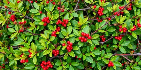 Dense, thorny bush with vibrant green leaves and small red berries,  environment,  vibrant