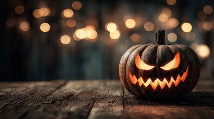a glowing carved halloween pumpkin with a menacing face sits on a rustic wooden surface with soft blurred bokeh lights in the background