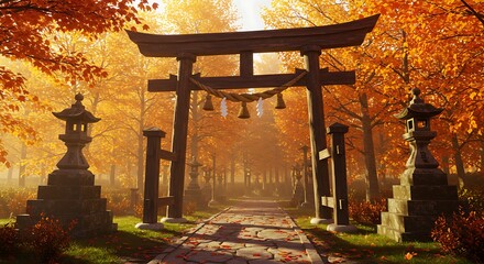 Golden Autumn Pathway through a Traditional Japanese Torii Gate with Sunlit Foliage