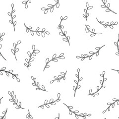 Delicate hand drawn floral pattern with leaves and branches on white background.