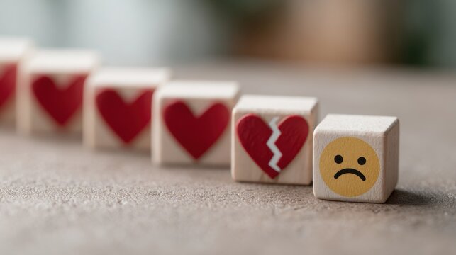 Symbolic Heartbreak: A poignant arrangement of wooden blocks vividly conveys the journey from love to heartache and despair. It's a visual tale of emotional evolution.