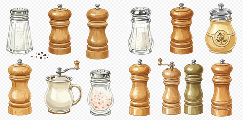 A collection of watercolor illustrations depicting various salt and pepper shakers and grinders in different styles for kitchen condiments.