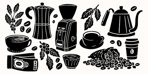 Clip Art Coffee Cup and Classic Coffee Machine, Coffee Shop Hand Drawn Coffee Americano, Cappuccino, Street Coffee, Coffee Machine, Caffeine, Coffee Icons, Brunch Food Vector	