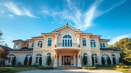 Naklejka premium Elegant residence entrance with architectural details under a clear blue sky, exuding luxury.