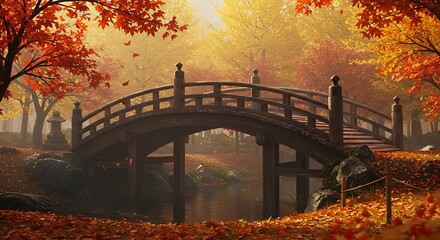 Traditional Wooden Arch Bridge in Vibrant Autumn Park with Colorful Fall Foliage and Golden Light