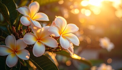 Tropical Plumeria flowers blooming in golden sunset light with bokeh. White and yellow frangipani blossoms in warm evening glow.