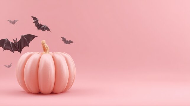 soft pink halloweenthemed banner with pumpkin and bat ample copy space