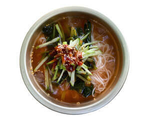 Refreshing Korean Young Radish Noodle Soup with Spicy Kimchi and Fresh Vegetables