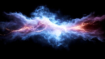 The image showcases a vibrant display of energy, with blue and pink hues merging in a nebula-like composition, punctuated by bright, crackling lightning bolts against a dark backdrop.