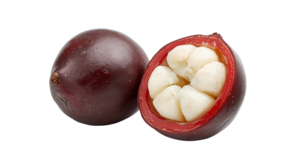 Exotic Mangosteen Beauty: An exquisite close-up showcases the tropical allure of a fresh mangosteen, its deep purple skin hinting at the sweet, juicy segments within.