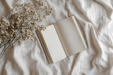 Serene open book rests on cream linen bedding adorned with dried flowers soft natural light calm peaceful mood