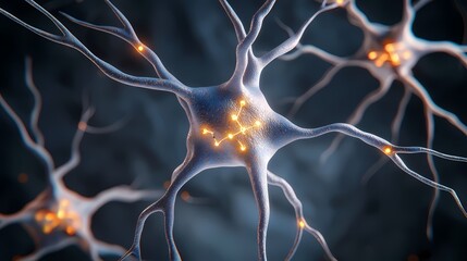 The image shows a close-up of neurons with glowing connections, creating a detailed representation of neural networks and brain activity with a captivating and modern aesthetic.