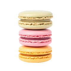 A stack of four colorful, delicious macarons, presented on a black background, showcasing the delightful layers of pastel-colored cookies filled with sweet creams.