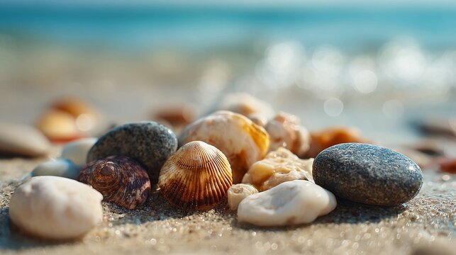 Discover the serene beauty of a sun-drenched beach with a captivating collection of natural seashells and smooth pebbles gently kissed by the ocean's edge, evoking tranquility and coastal charm. - Powered by Adobe
