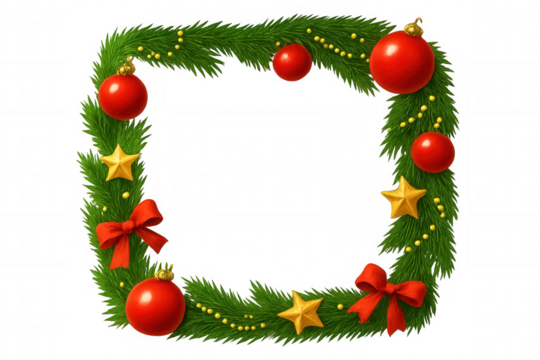 Christmas holiday square frame border decorating with pine branches, red baubles, golden stars, and bows on transparent background