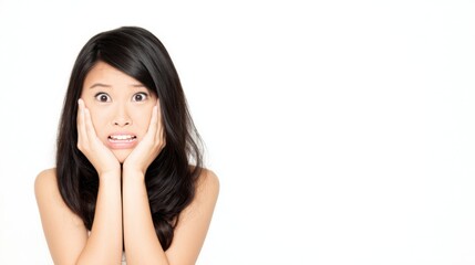 Fototapeta premium Expressing anxiety: A portrait of a woman embodying fear and apprehension, her wide eyes and hand gestures convey a sense of worry and concern, revealing the depths of her emotional state.