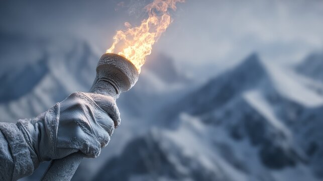 white gloved hand gripping flaming olympic torch against snowy mountain backdrop during winter olympics torch relay in italy - Powered by Adobe