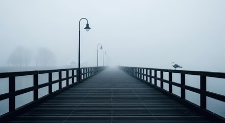 Pier with Seagull and Vintage Streetlights Disappearing into Thick Dense Fog