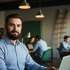 Fototapeta premium Bearded man working on laptop in modern office with colleagues in background