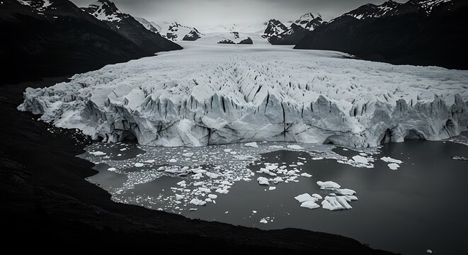 Dramatic black and white glacier landscape with towering ice formations and floating icebergs in a mountain lake.