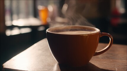 Obraz premium pause. A close-up view of a coffee cup with steam rising, set against a blurred, cozy backdrop. bar promotions, beverage menus, designed for food & beverage menus and cafe branding.