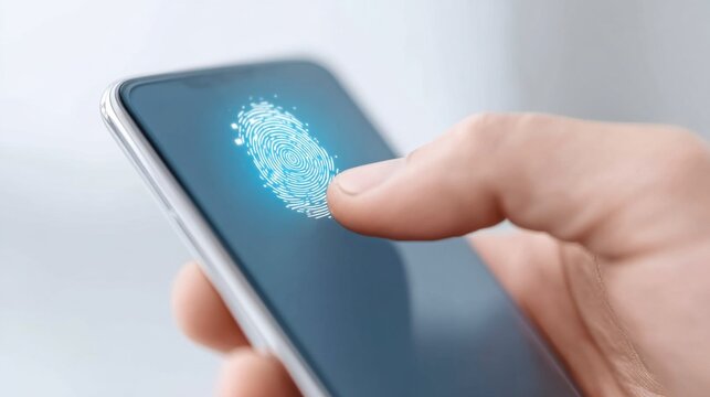 Digital Fingerprint: A close-up shot captures the essence of modern security, showcasing a fingertip interacting with a mobile device, its unique fingerprint illuminated on the screen. - Powered by Adobe