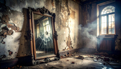 Abandoned Room Cracked Walls Mirror