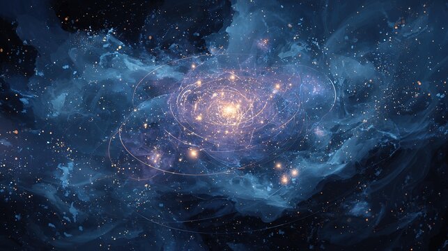 Nebula with glowing center, spiraling orbs, blue clouds, and sparkling light