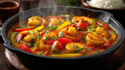 colorful brazilian moqueca with shrimp and bell peppers 