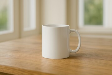 Blank coffee mug mockup on wooden table, clean and realistic design perfect for branding, print, and merchandise presentation.
