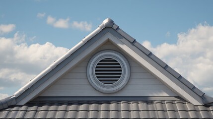 gable roof circular vent allowing air circulation on clear day ventilation of the house fascia and ridge grey metal tiles roof siding house exterior outdoor air conditioning architectural detail