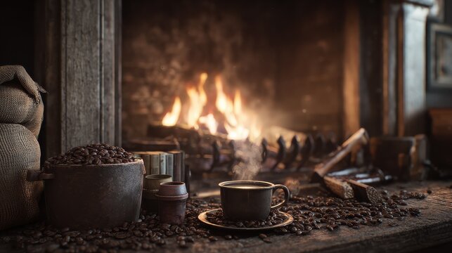 cozy fireplace scene with freshly brewed coffee in rustic setting