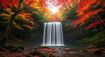 Vibrant Autumn Waterfall in Forest with Fiery Fall Foliage and Long Exposure