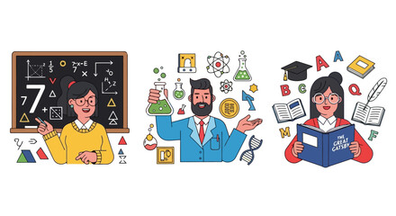 Diverse educators teaching subjects: Mathematics, Science, and Literature, Promoting educational resources, school supplies, or online learning platforms