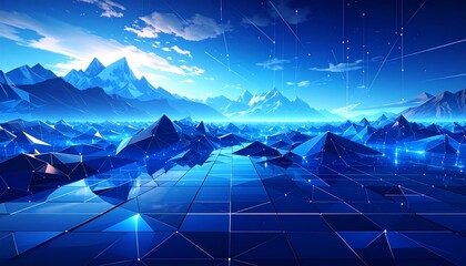 Digital landscape of towering mountains under a vibrant sky