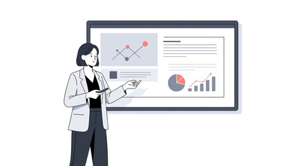 Businesswoman Presenting Data on a Large Screen, Ideal for Illustrating Business Presentations, Corporate Strategy, and Financial Analysis in Presentations