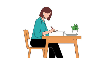 Focused woman sitting at her wooden desk and writing in her notebook with a pen during a day of studying or creative work and planning.