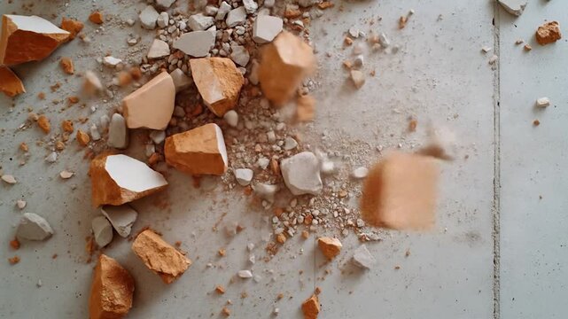 Smashed egg destruction debris explosion broken pieces scattered chaos fragmented shell