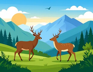 Two Deer in a Mountain Meadow at Sunrise.