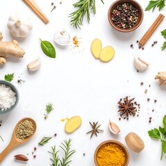 Aromatic spices and herbs arranged in a circle on a white background