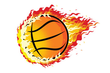 Vector illustration of a flaming basketball with halftone shading, symbolizing speed, power, and energy in sport.