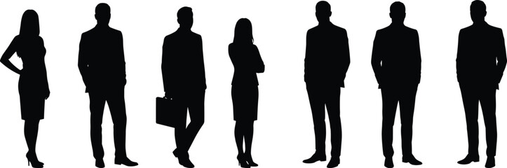 Business silhouettes, corporate professionals standing, teamwork concept, office staff, leadership, formal attire, management team, collaboration, unity, partnership, successBusiness silhouettes, 